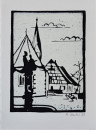 Drei am Marktplatz, 2009, Linolschnitt auf Bütten, 14x19cm