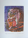 Eulen, Batikaquarell 2013, 12x17cm