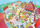 Wochenmarkt auf dem Marktplatz, 12x17cm